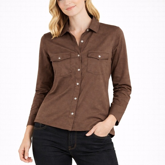J.McLaughlin Tops - J. McLaughlin Women's Brown Button Front Shirt Stretch Fabric Classic Size L